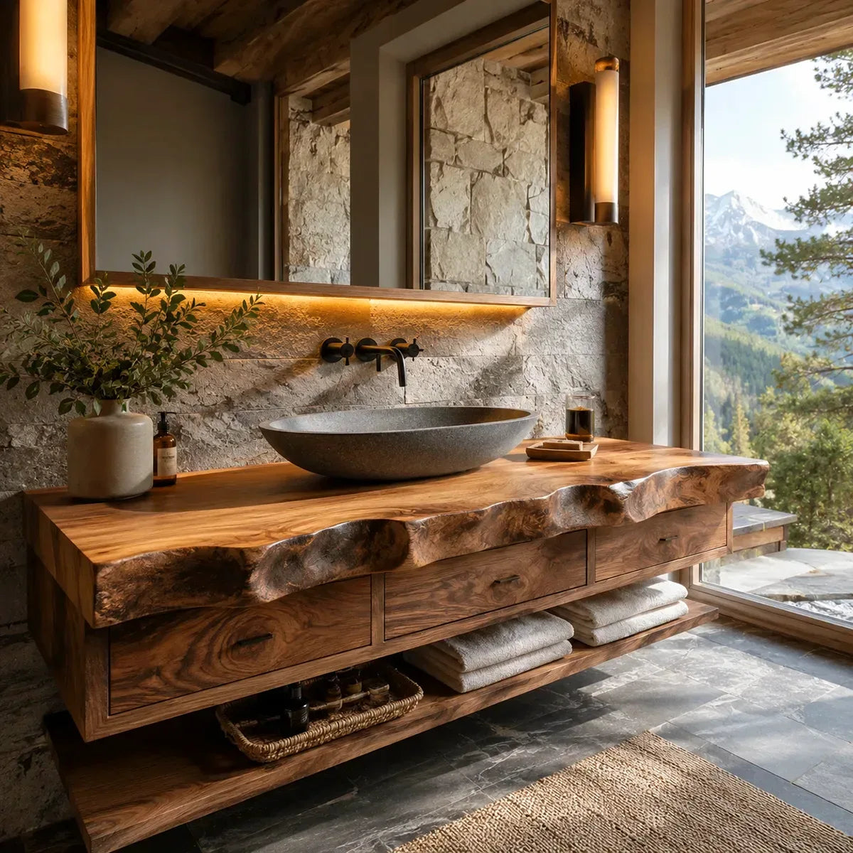 Floating Bathroom Vanity with 3 Drawers & Lower Shelf | Organic Edge Modern Vanity TT006-3IEZ4XF