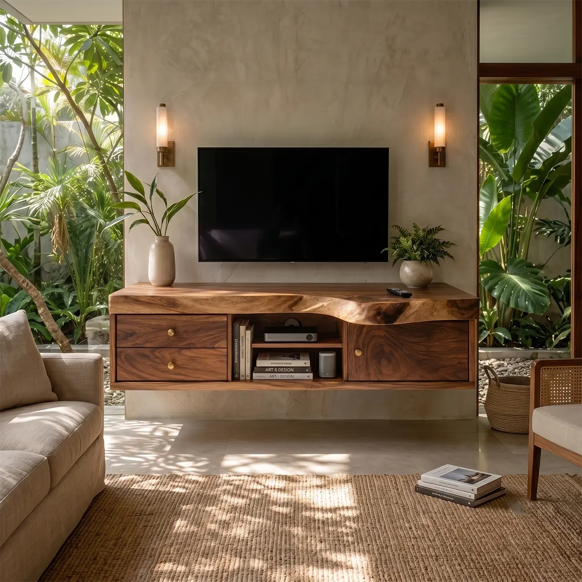 Modern TV Stand with 2 Drawers, Open Shelf & Cabinet | Natural Organic Media Console TT006-3ZLT6YV