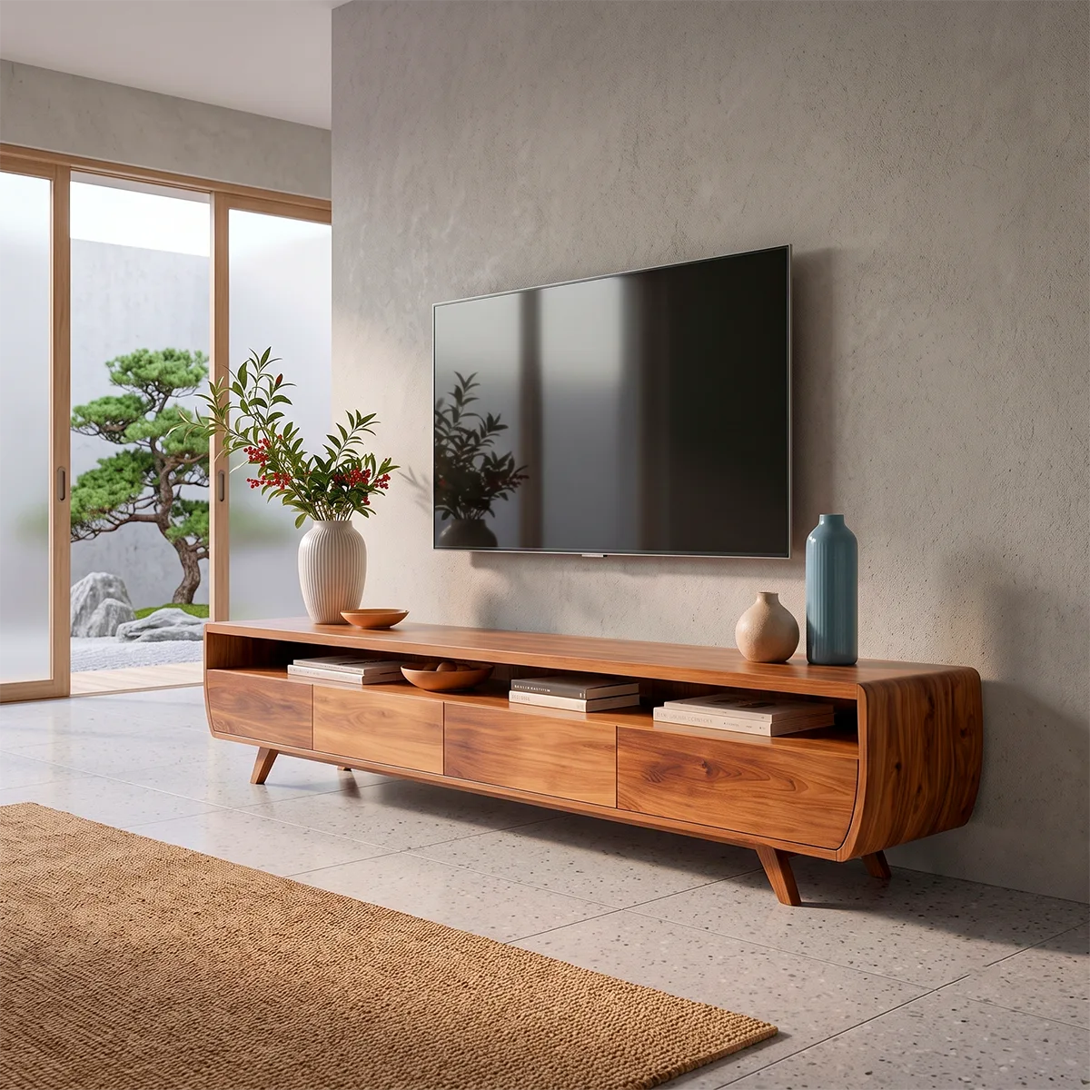 Modern Curved TV Stand with 4 Enclosed Storage Compartments & Open Media Shelf TT006-3ZIP1NK