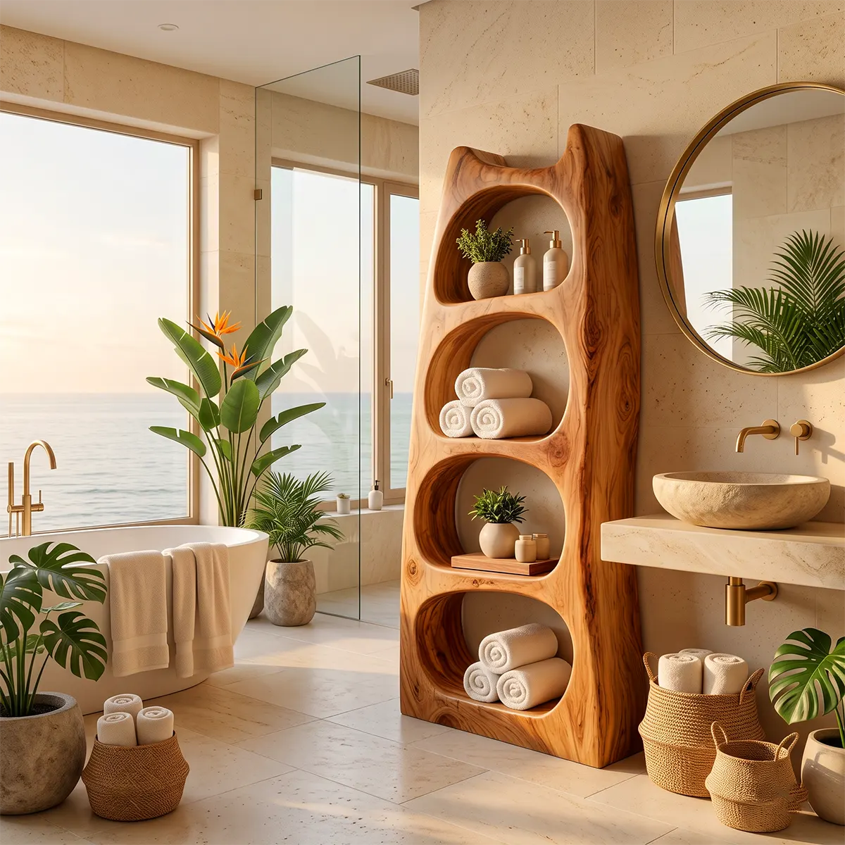 Tall Bathroom Storage Cabinet with Open Shelves | Sculptural Organic Modern Storage Tower TT006-3KAU7XR