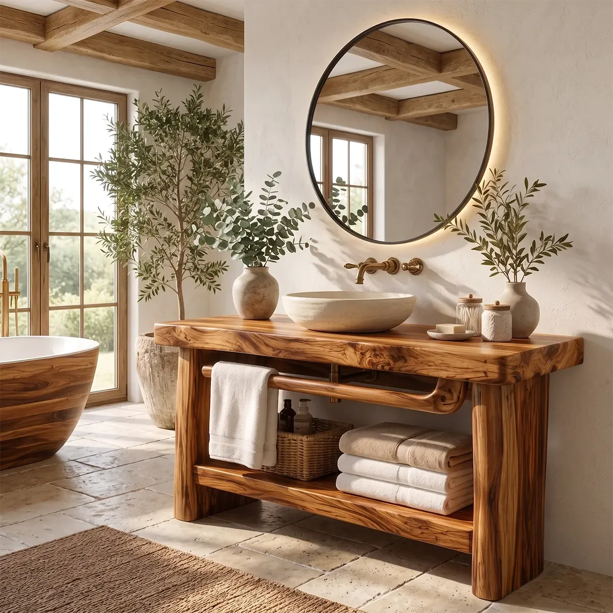 Freestanding Bathroom Vanity with Open Shelf & Towel Bar | Organic Modern Design TT006-4KEH4XG