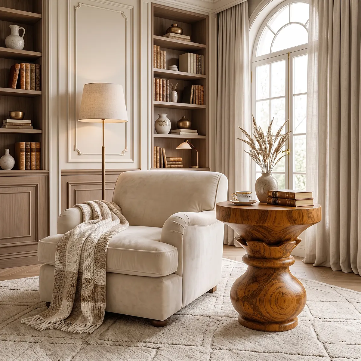 Sculptural Lotus Pedestal Wood End Table | Round Statement Side Table TT006-6BCF9JT