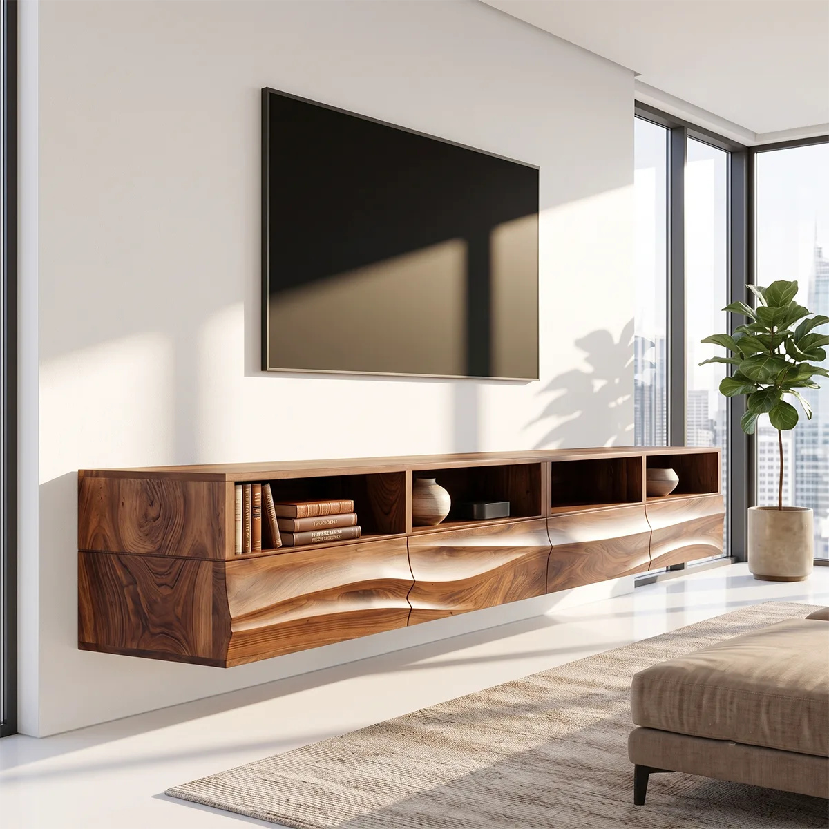 Modern Floating TV Stand with Flowing Wave Front and Open Display Shelves HG021-3RHL3JI