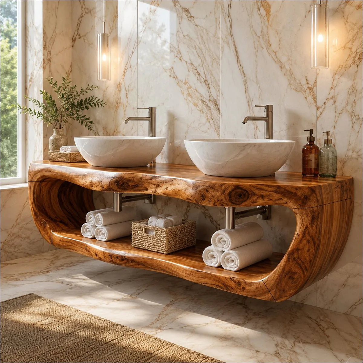 Floating Double Bathroom Vanity with Open Shelf | Sculptural Organic Edge Design TT006-7QQX8GI