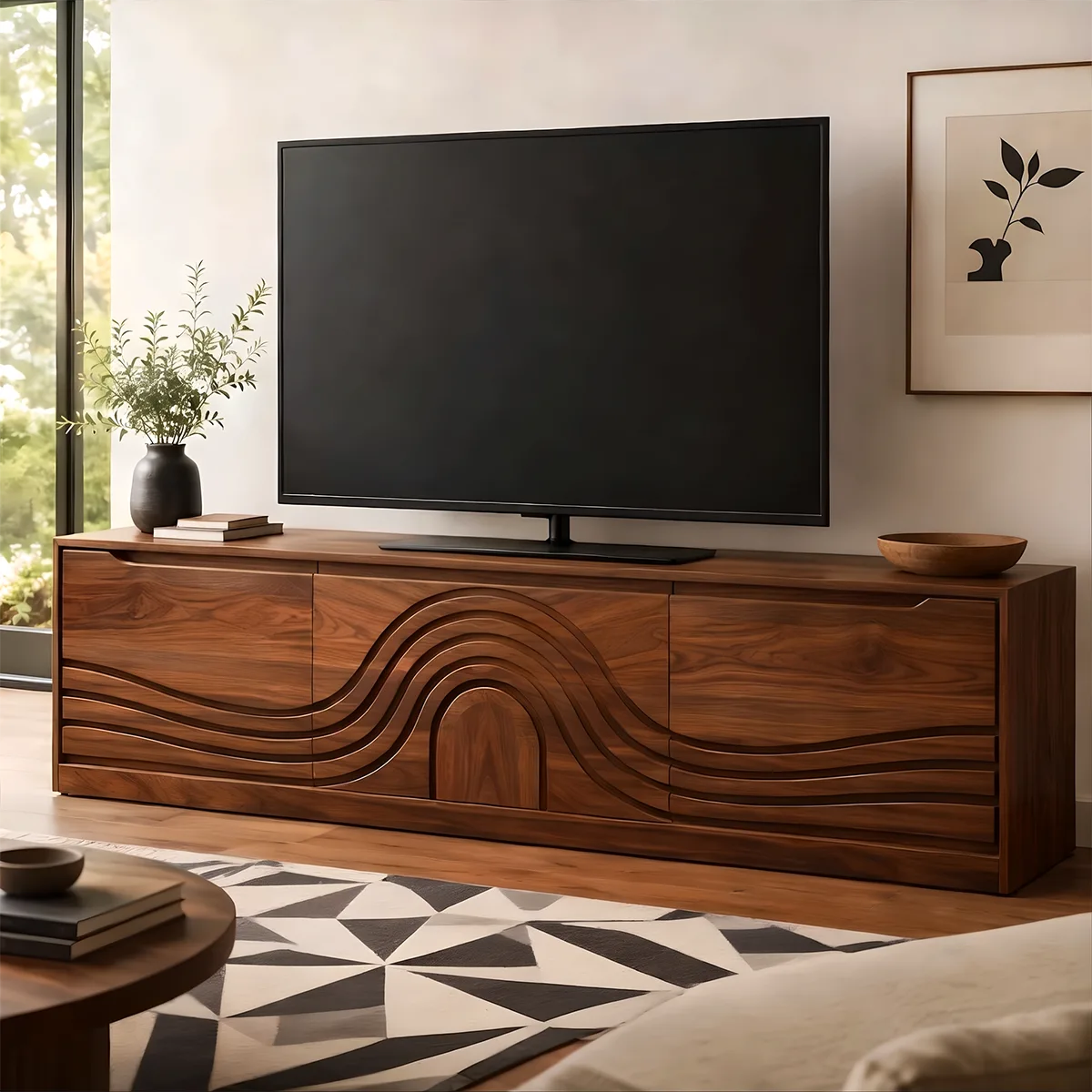 Wave Carved Wood TV Stand | Modern Low Profile Media Console HG021-2WFD3JN