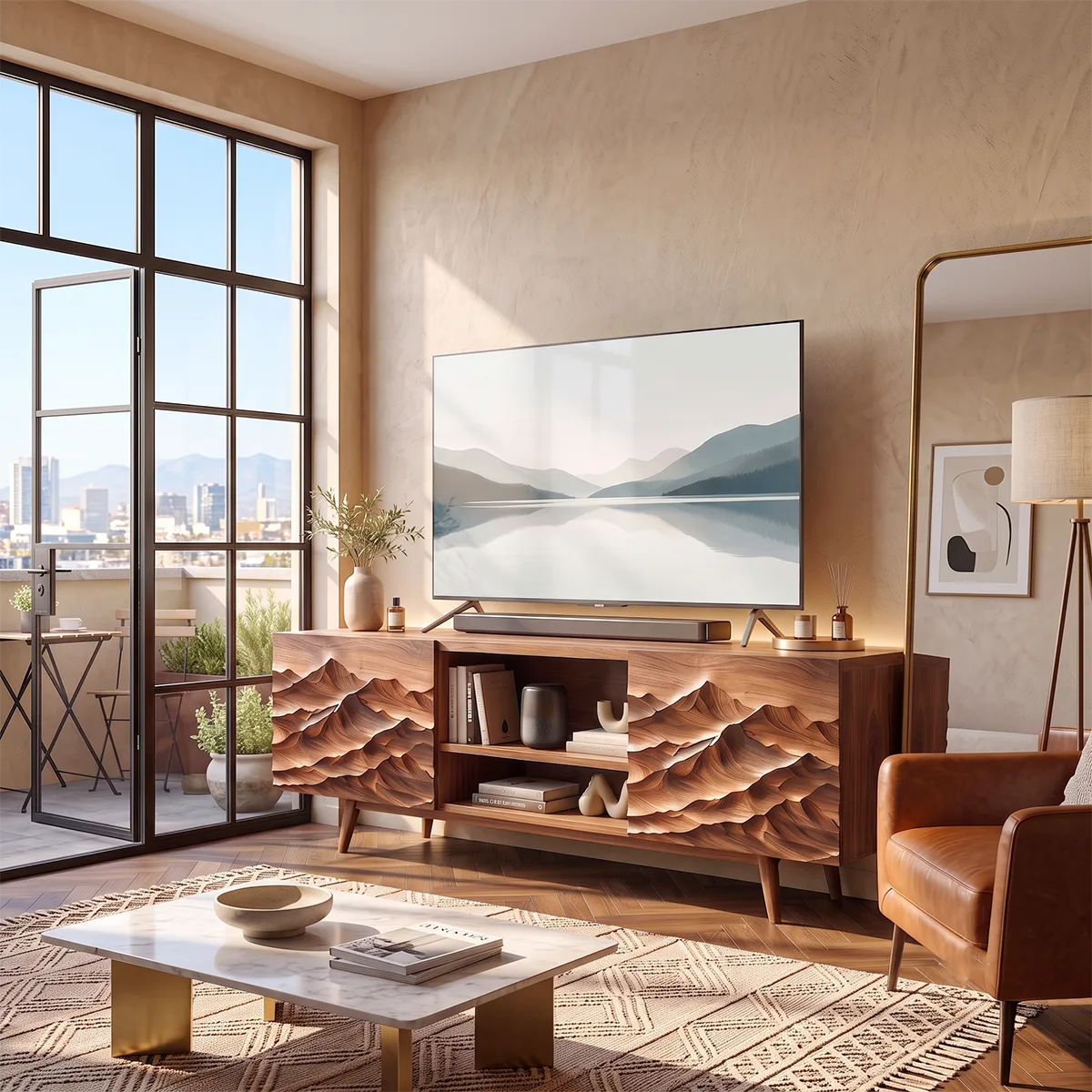 Modern Mountain Relief TV Stand | Contemporary Media Console with Sculpted Landscape Doors HG021-5KXU7XE