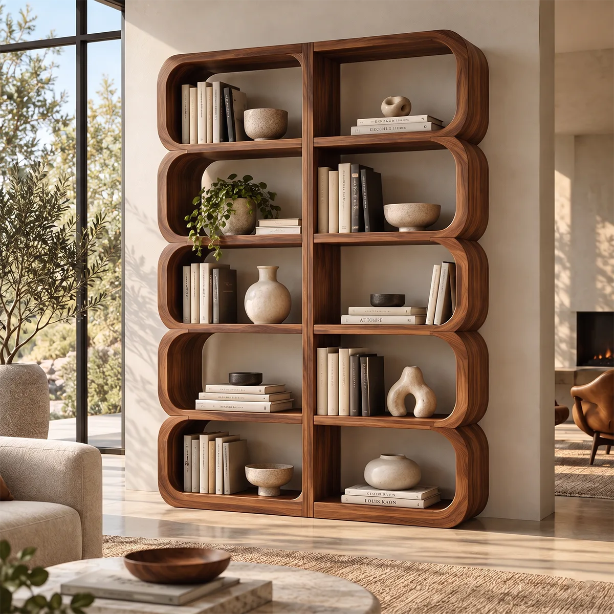 Tall Rounded Open Bookcase | 10-Cubby Modern Bookshelf with Sculptural Curved Frame HG021-4YOT6AX