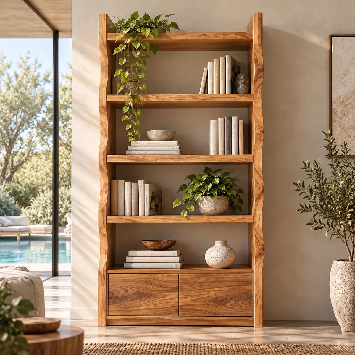 Modern Tall Freestanding Bookshelf | 4-Tier Open Bookcase with 2 Hidden Storage Cabinets HG021-7EAN9UP