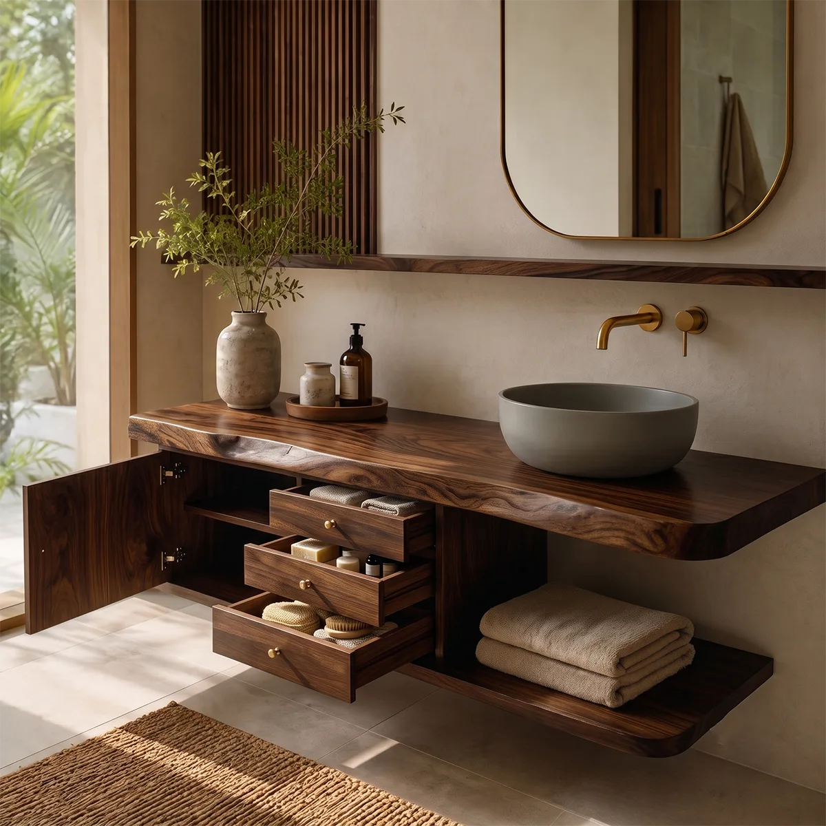 Floating Bathroom Vanity with 3 Drawers & Open Shelf | Modern Organic Design TT006-1XDO9BG