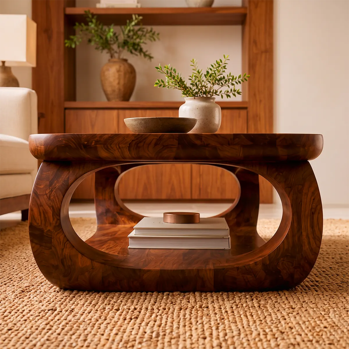 Sculptural Rounded Rectangle Coffee Table with Lower Shelf | Organic Modern Center Table TT006-4PQZ3SX