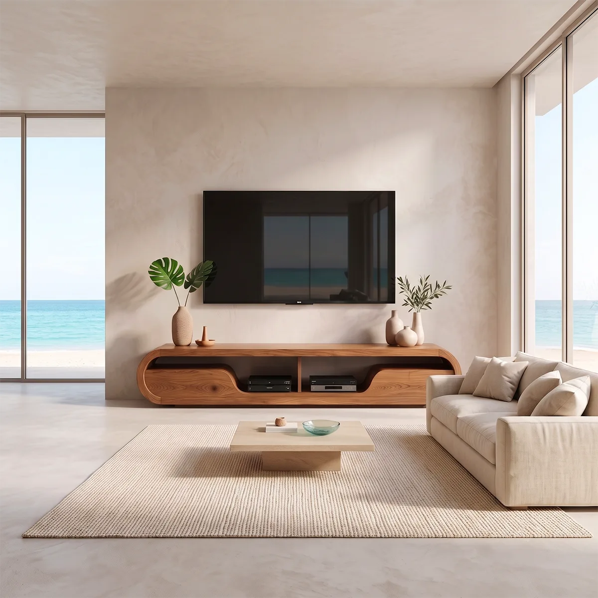 Modern Curved TV Stand with 2 Open Media Compartments | Sculptural Low Profile Console TT006-4KOT9JE