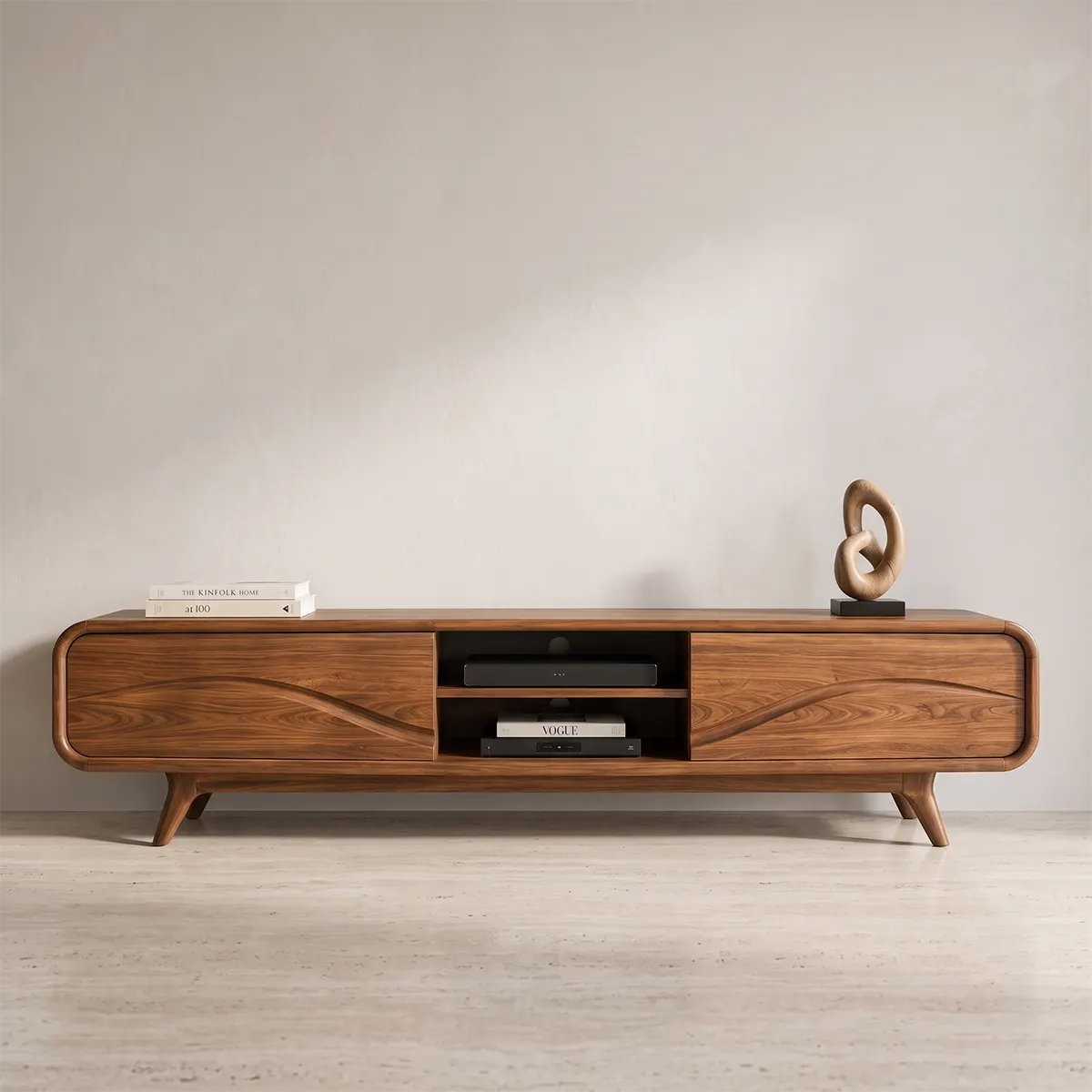Modern TV Stand with 2 Open Shelves & Enclosed Storage | Sculptural Wave Media Console TT006-7PJS6KB
