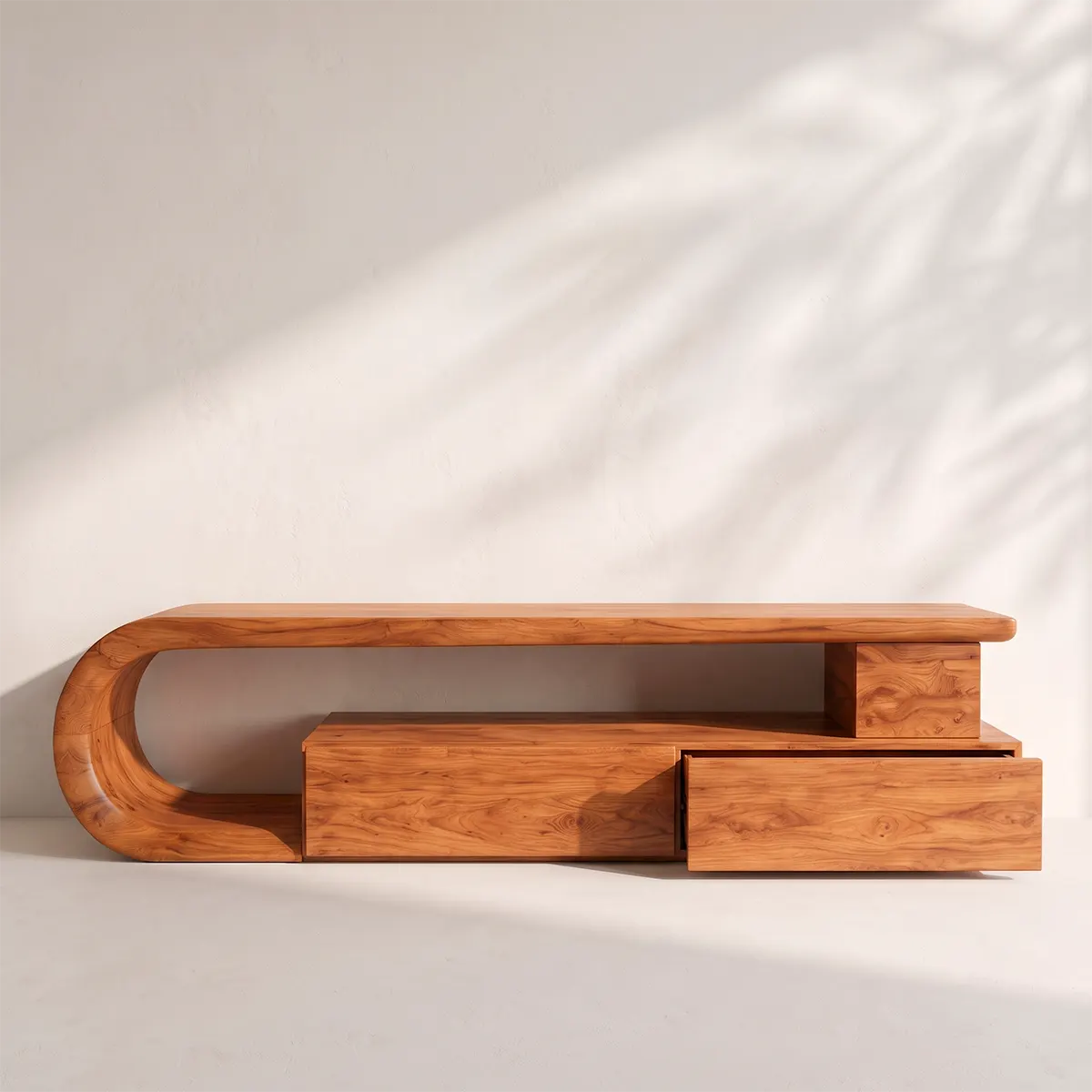 Sculptural Curved TV Stand with 3 Drawers & Open Shelving | Modern Low Profile Media Console TT006-6ELT4UJ