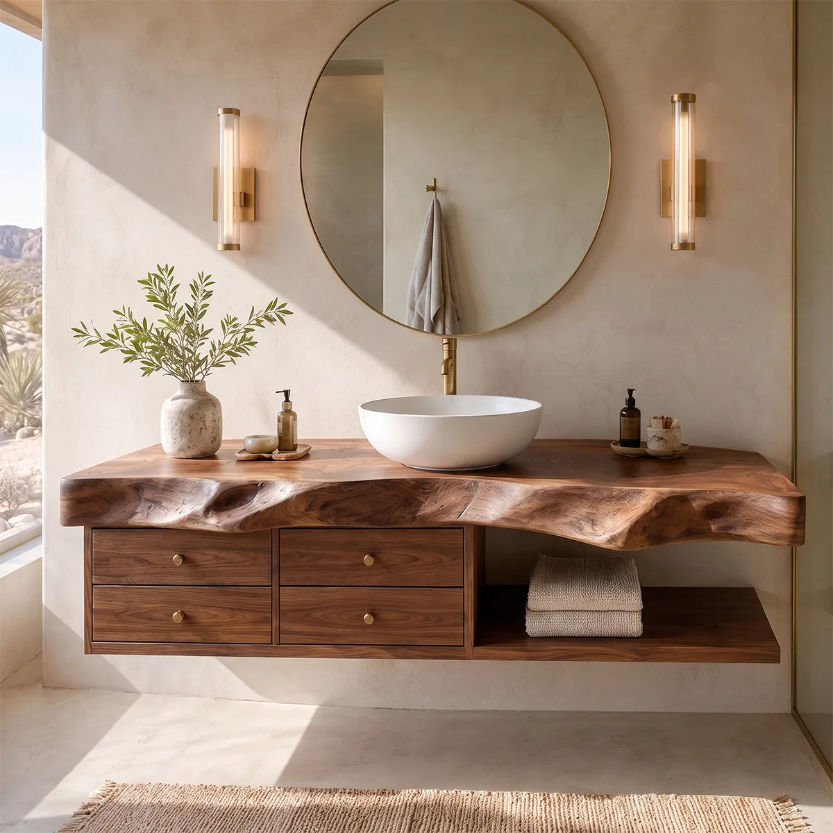 Organic Bathroom Vanity with 4 Drawers & Open Shelf | Freeform Edge Vanity Cabinet TT006-9HXZ1BE