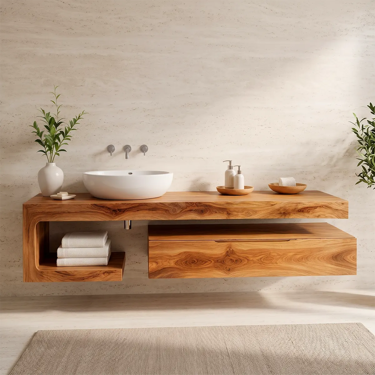 Floating Bathroom Vanity with Drawer & Open Shelf | Modern Curved Wall-Mounted Design TT006-2ZDO7SU