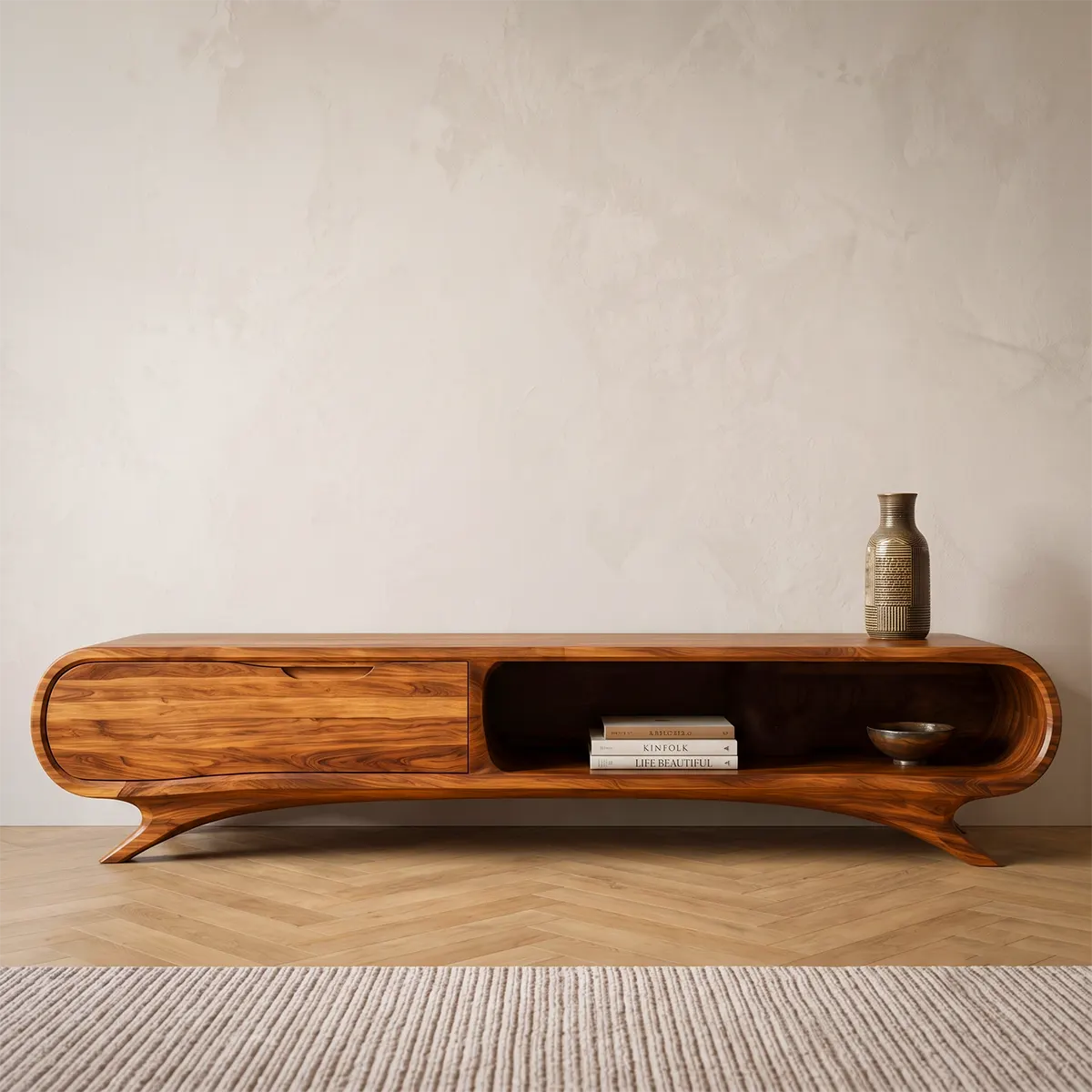 Modern Curved TV Stand with Large Drawer & Open Storage | Sculptural Media Console TT006-3JHB2OI