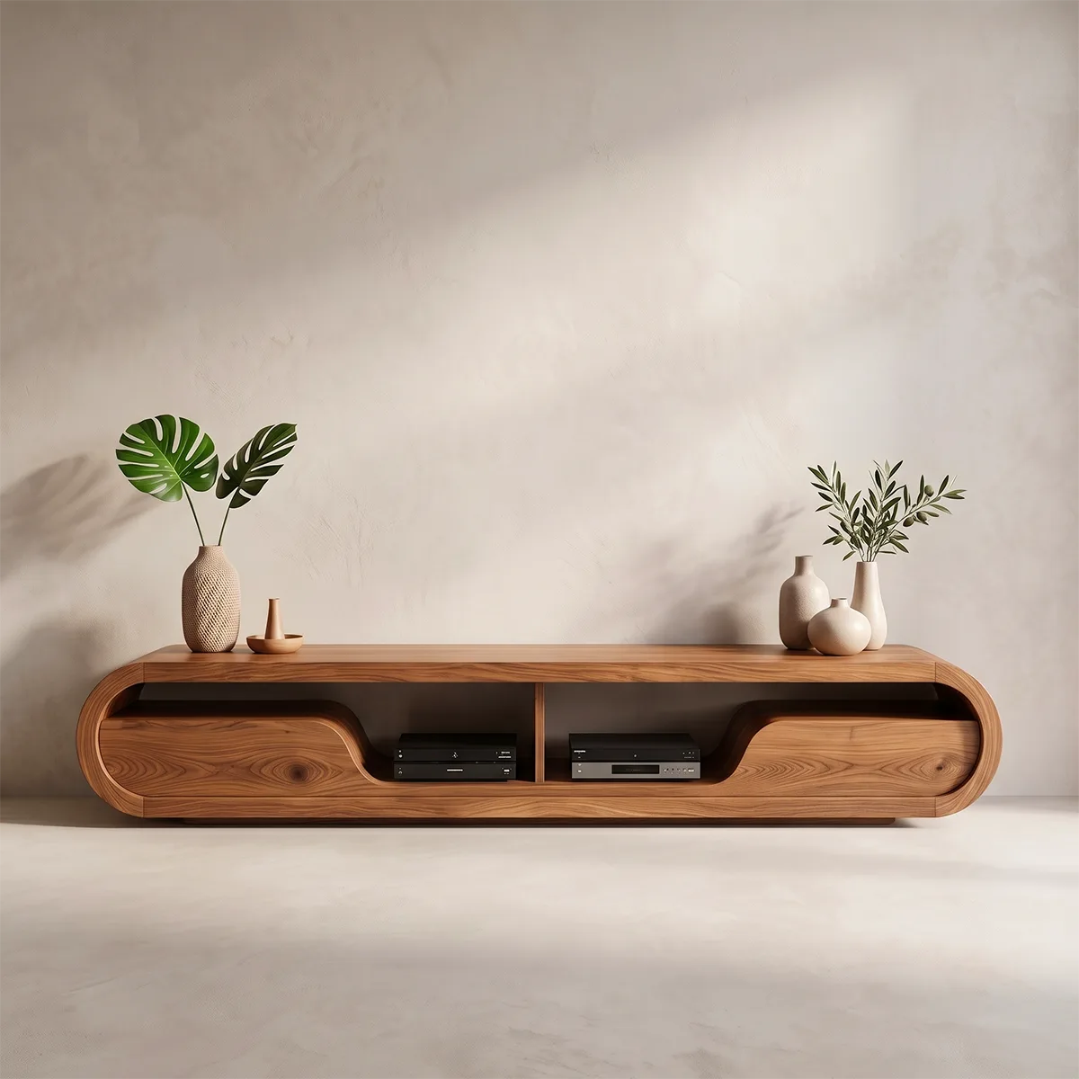 Modern Curved TV Stand with 2 Open Media Compartments | Sculptural Low Profile Console TT006-4KOT9JE