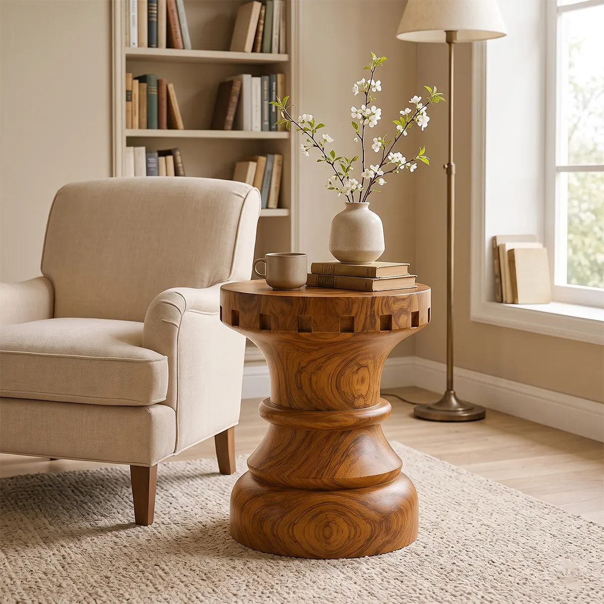 Sculptural Square Notch Wood End Table | Round Turned Pedestal Side Table TT006-7CML8BQ