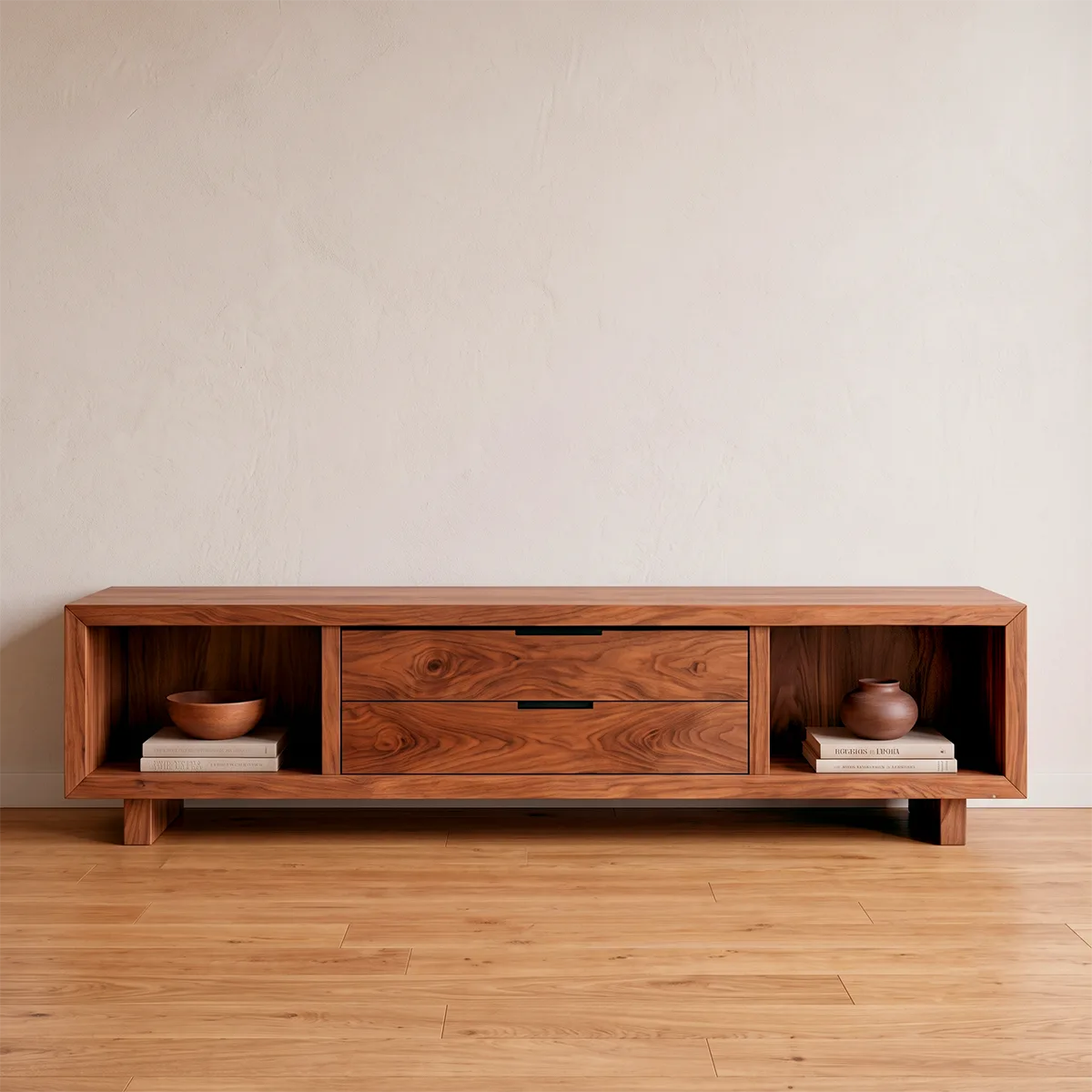 Modern TV Stand with 2 Drawers & 2 Open Storage Compartments | Low Profile Media Console TT006-9TIA4NA