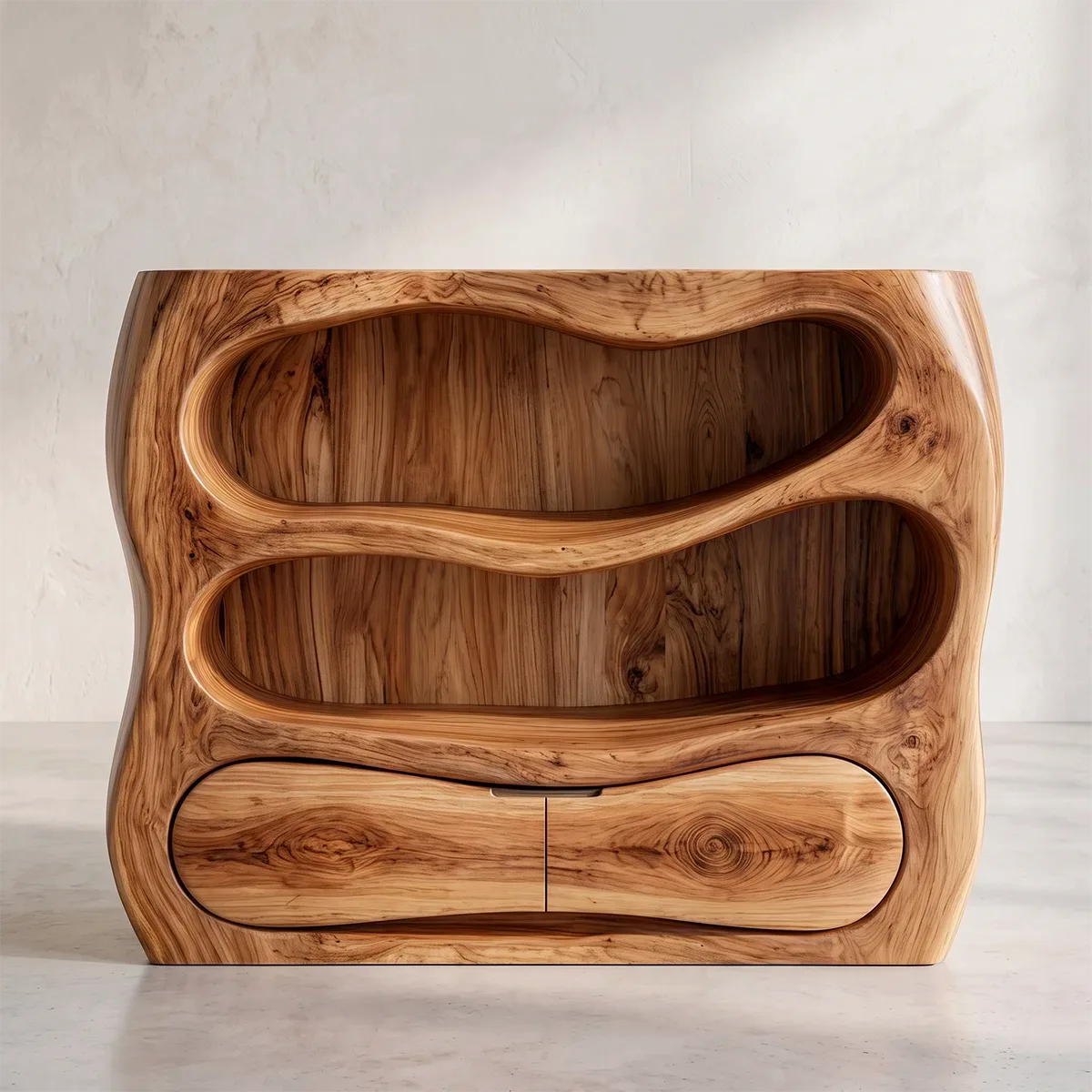 Sculptural Wood Bathroom Vanity | Organic Freestanding Vanity with Open Shelves & Storage Cabinet TT006-6NGL3LR