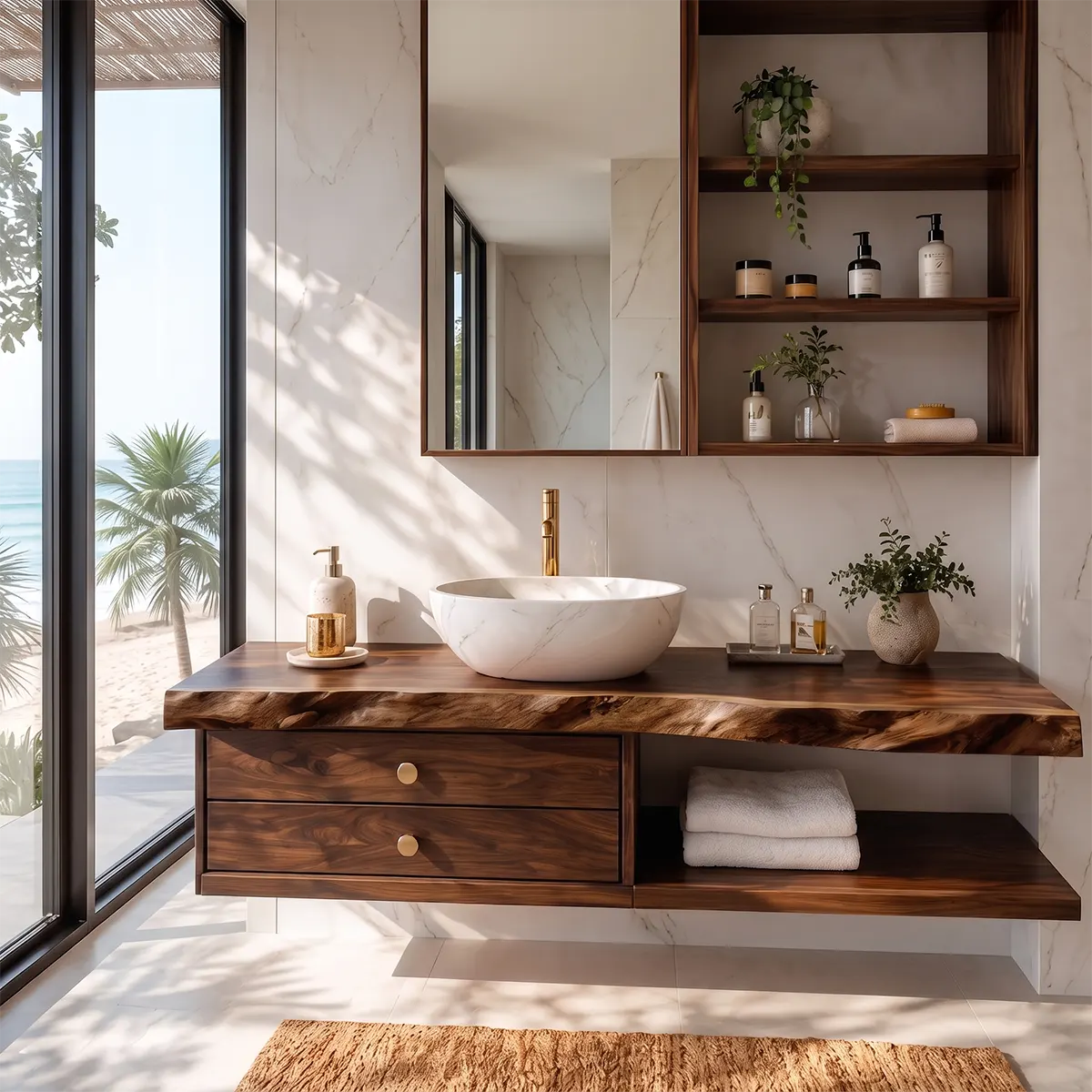 Live Edge Floating Bathroom Vanity | Wall Mounted Vanity with Drawers & Open Shelf TT006-4WJO5CA