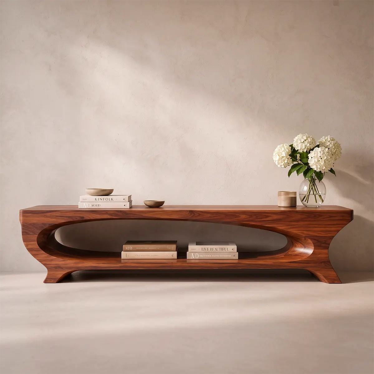 Sculptural Curved TV Stand with Large Open Shelf | Modern Low Profile Media Console TT006-7JCI6KI