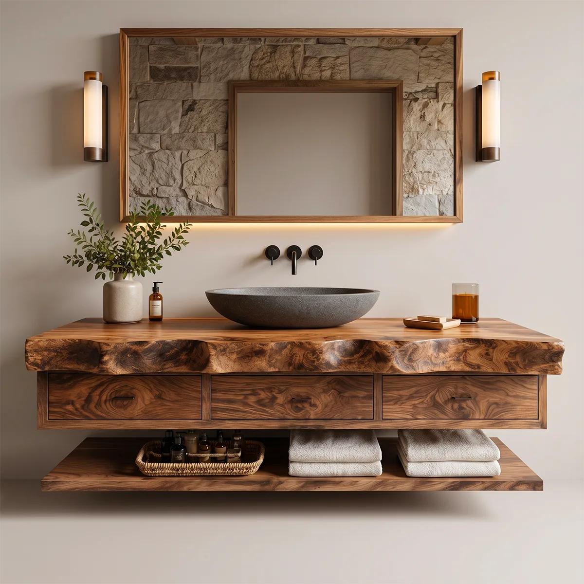 Floating Bathroom Vanity with 3 Drawers & Lower Shelf | Organic Edge Modern Vanity TT006-3IEZ4XF