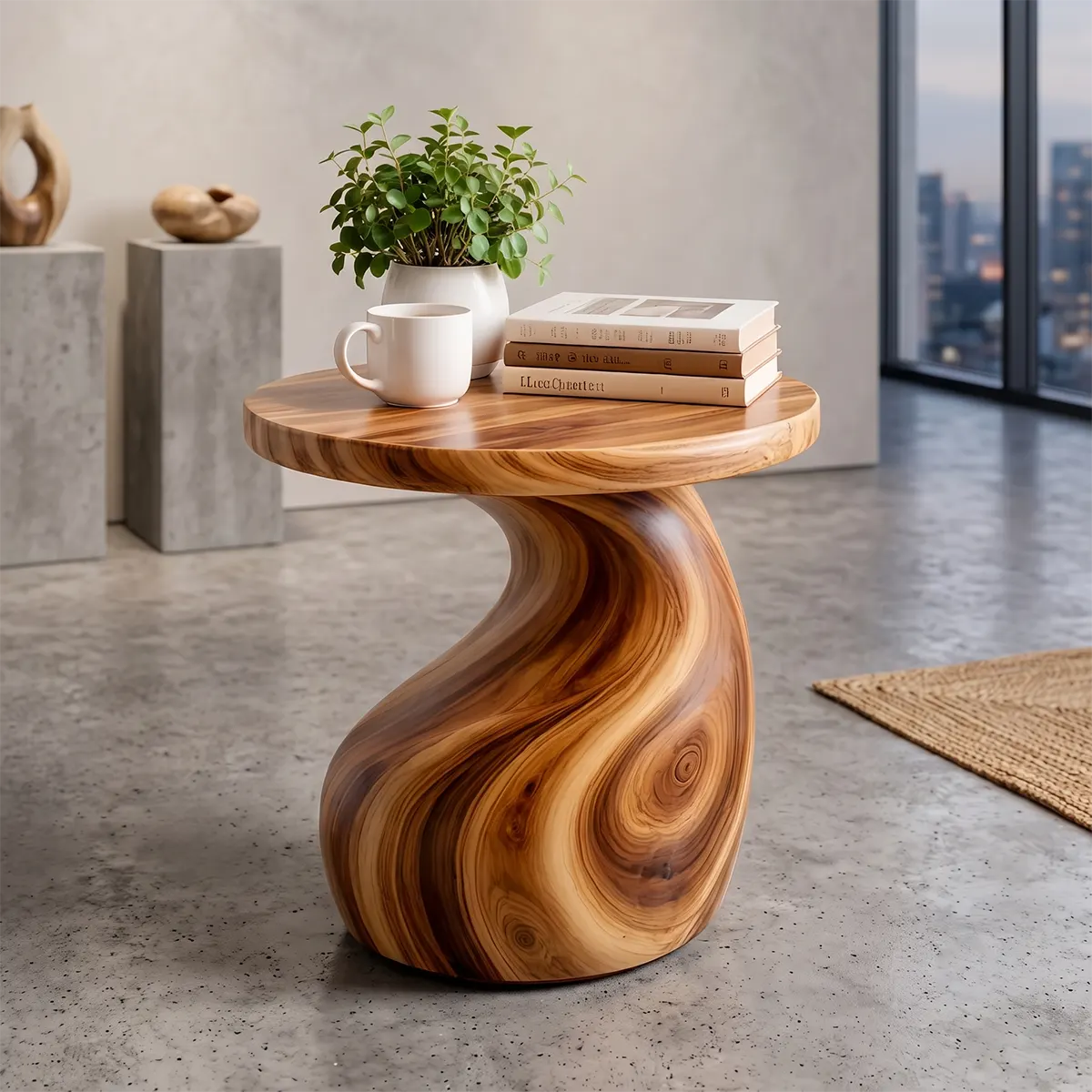 Sculptural S-Curve Wood End Table | Round Organic Pedestal Side Table TT006-2YGL2AE
