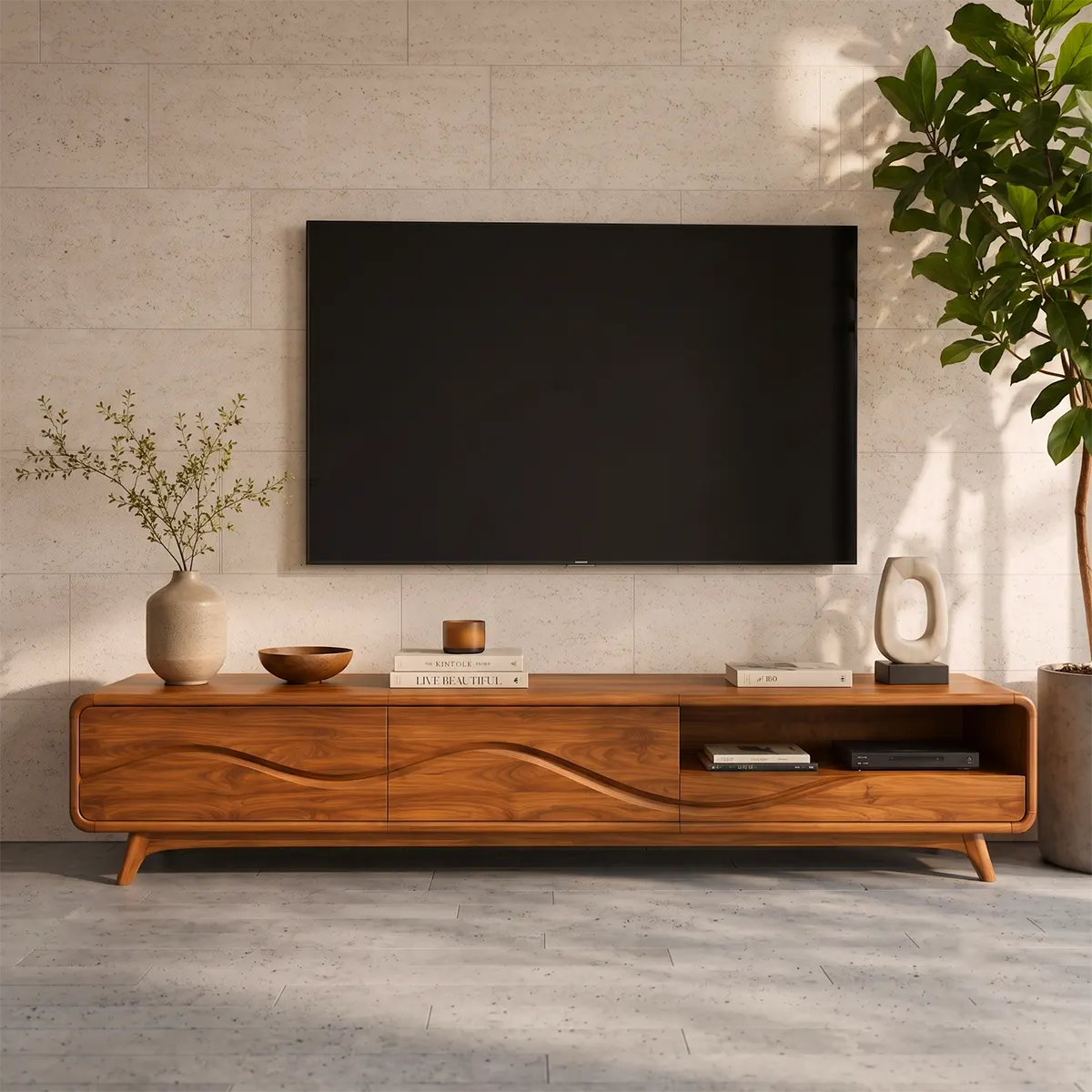 Modern TV Stand with 2 Enclosed Cabinets & Open Storage | Sculpted Wave Media Console TT006-9ORW3JY