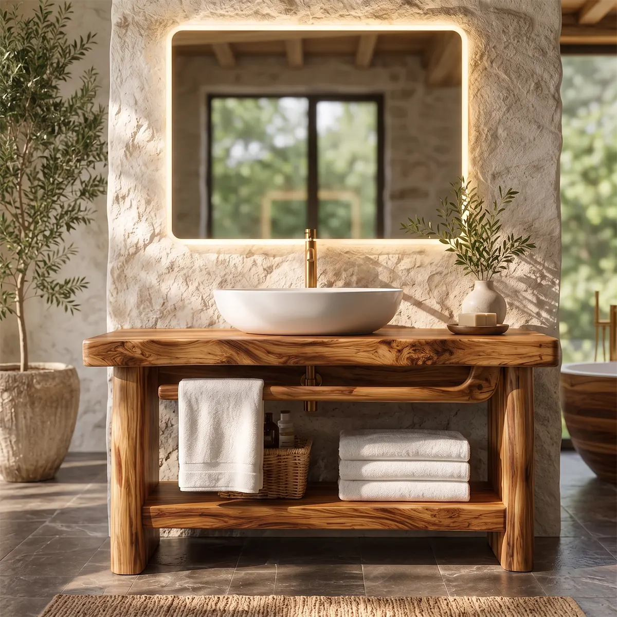 Freestanding Bathroom Vanity with Open Shelf & Towel Bar | Organic Modern Design TT006-4KEH4XG