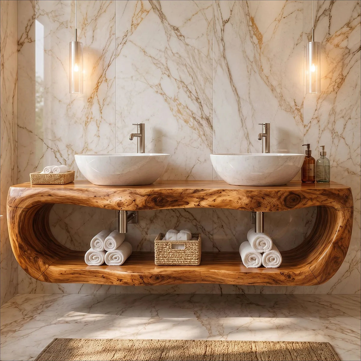 Floating Double Bathroom Vanity with Open Shelf | Sculptural Organic Edge Design TT006-7QQX8GI