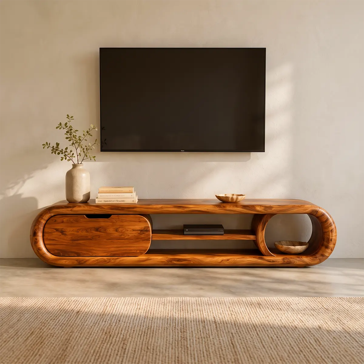 Modern Curved TV Stand with Enclosed Storage & 3 Open Compartments TT006-6RBE5GQ