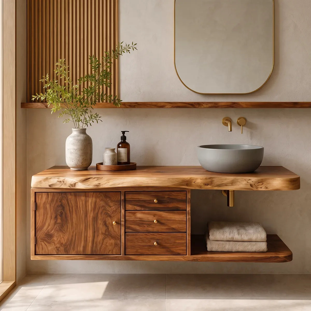 Floating Bathroom Vanity with 3 Drawers & Open Shelf | Modern Organic Design TT006-1XDO9BG
