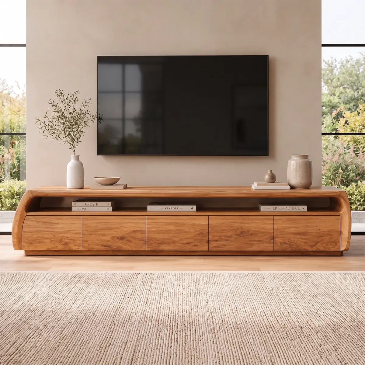 Modern TV Stand with 5 Enclosed Storage Compartments & Open Shelf | Curved Media Console TT006-2HKN9KV