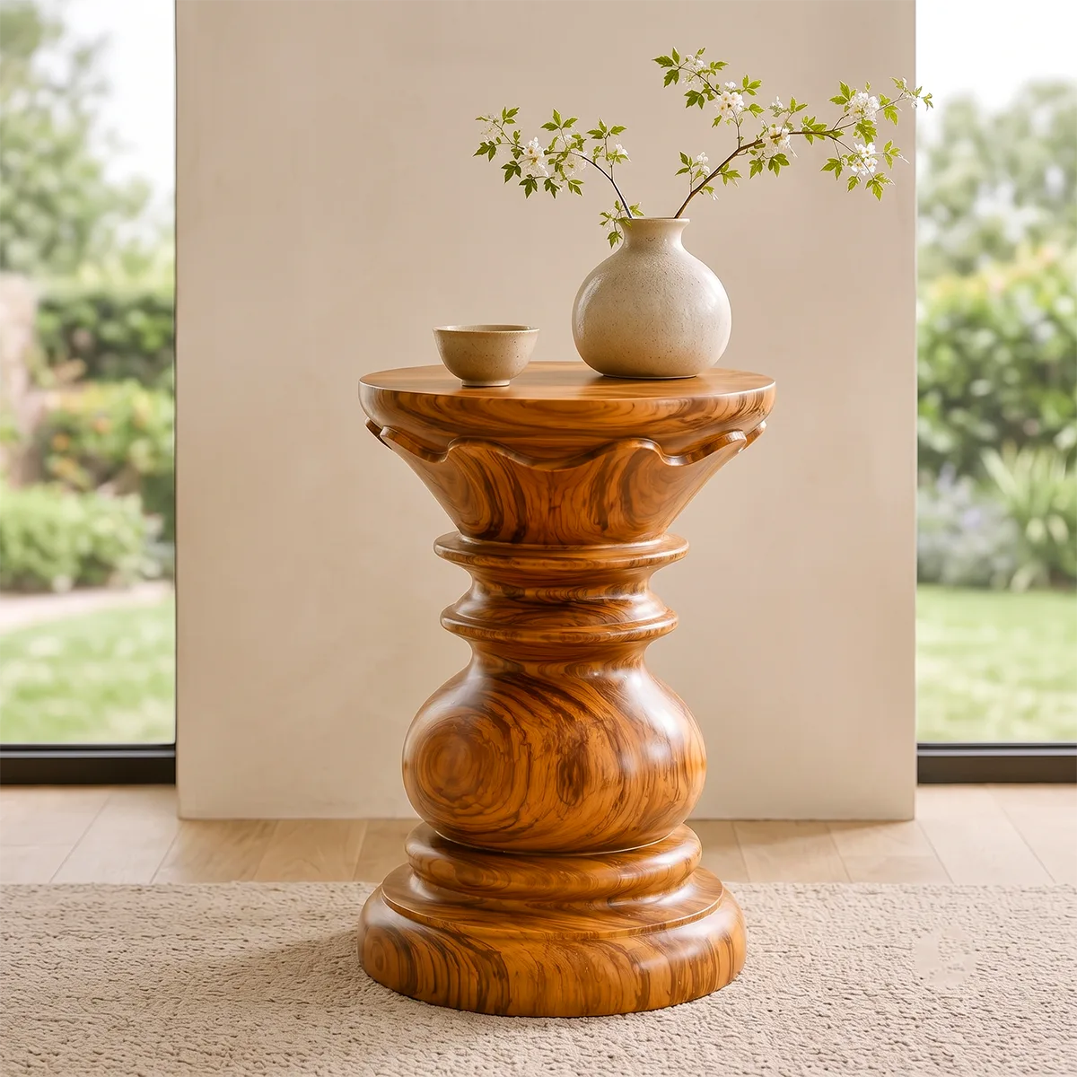 Sculptural Crown Pedestal Wood End Table | Round Carved Side Table TT006-9TFS8ZN