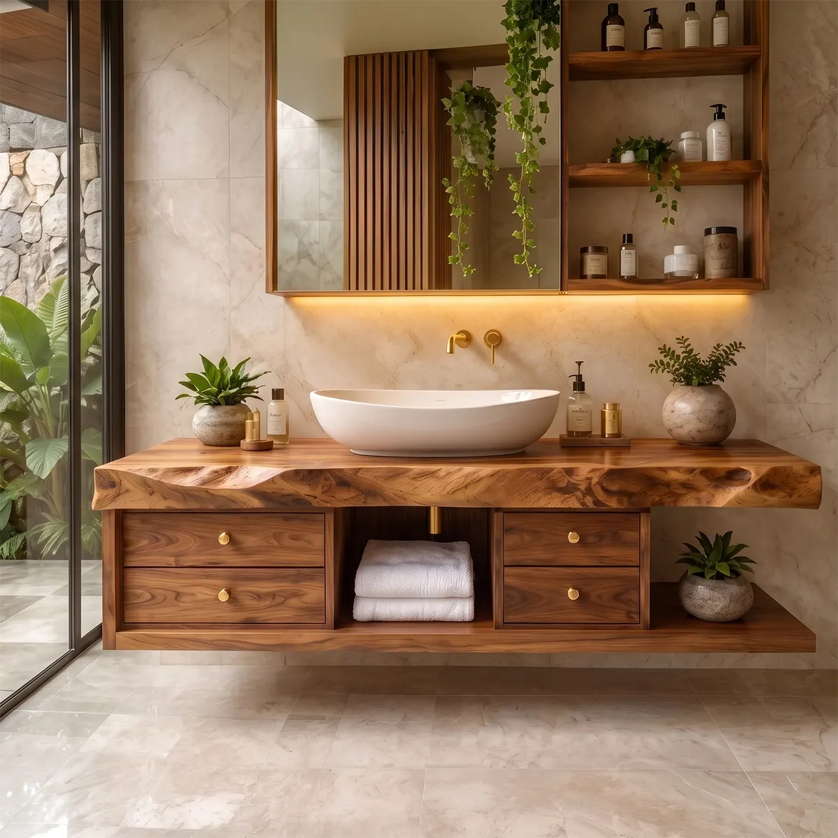 Live Edge Floating Bathroom Vanity | Wood Vanity with Drawers & Open Storage TT006-4VIS1BS