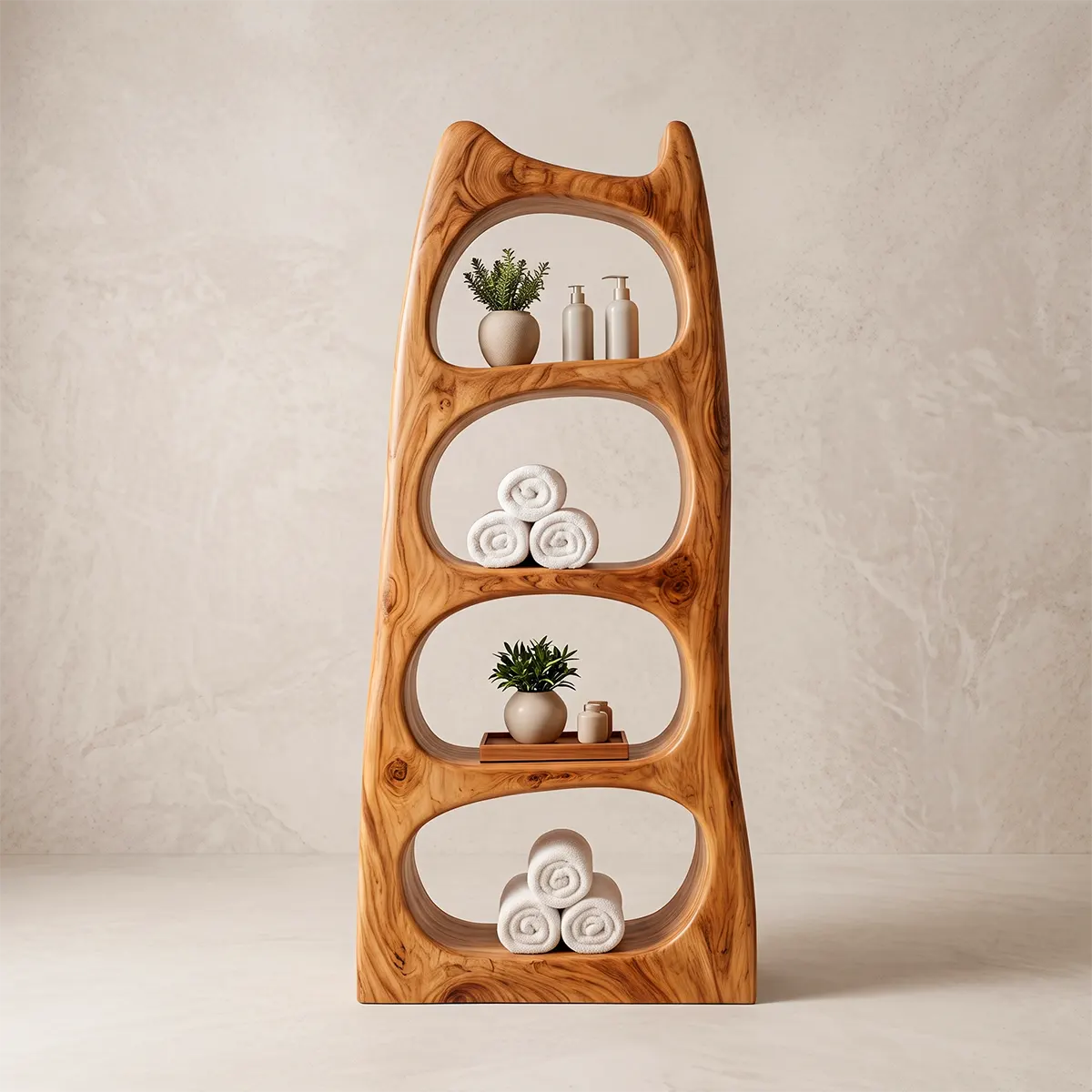 Tall Bathroom Storage Cabinet with Open Shelves | Sculptural Organic Modern Storage Tower TT006-3KAU7XR