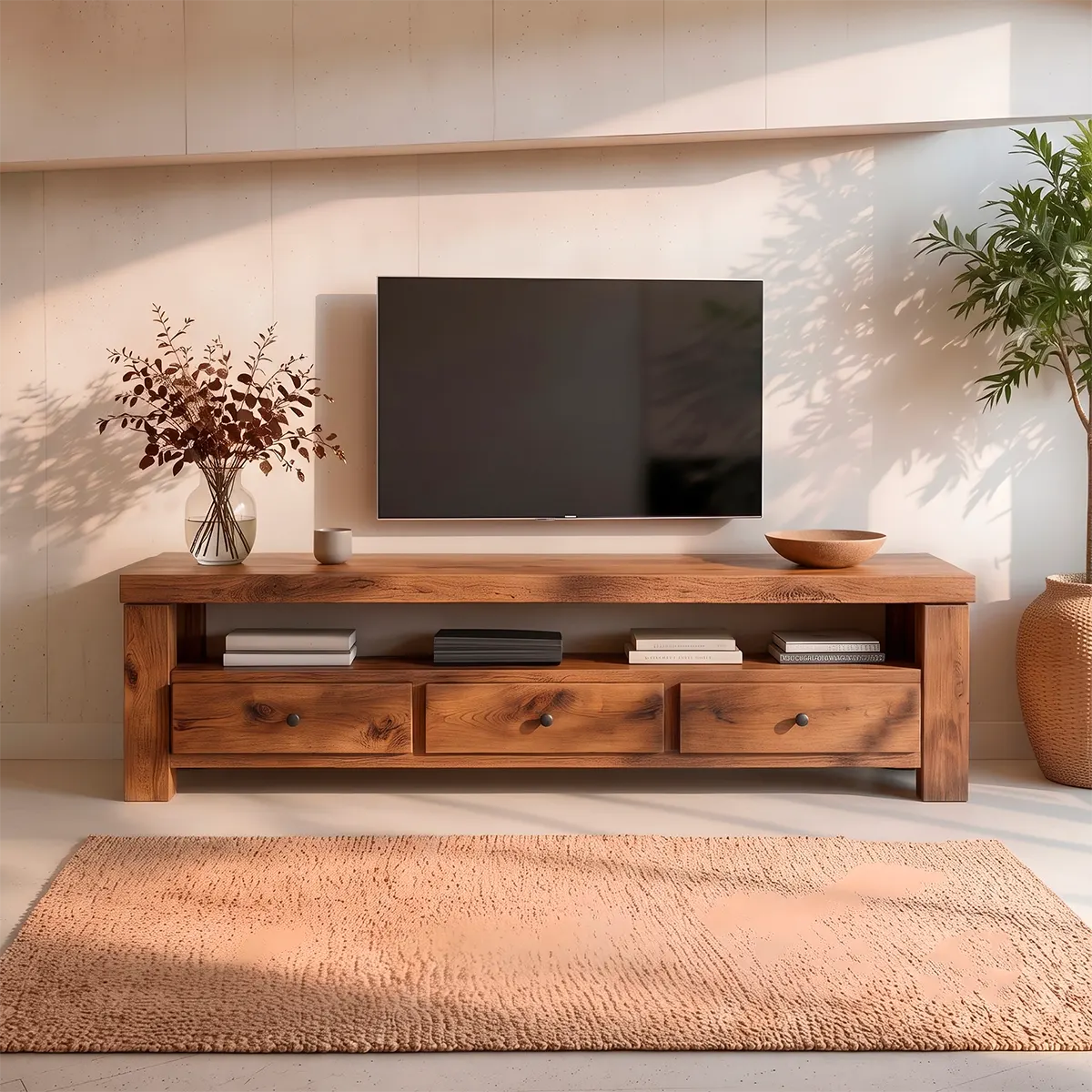 Modern TV Stand with 3 Drawers & Open Media Shelf | Rustic Wood Entertainment Console TT006-5YVS8FX
