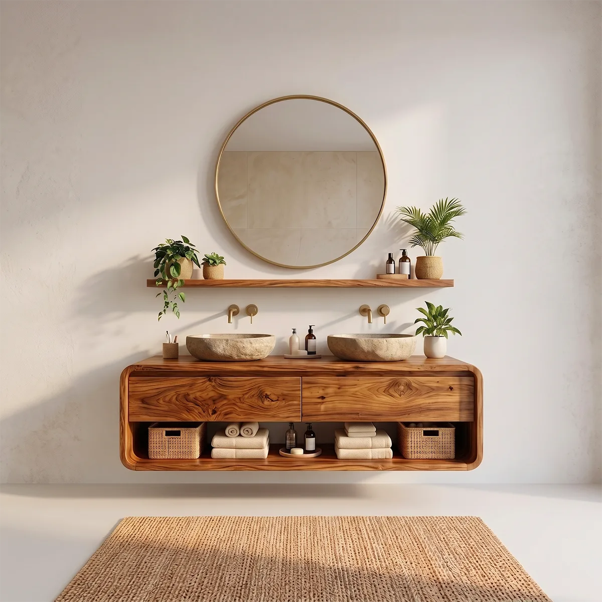 Floating Double Bathroom Vanity with 2 Drawers & Open Shelf | Rounded Organic Modern Design TT006-7NDV5OI