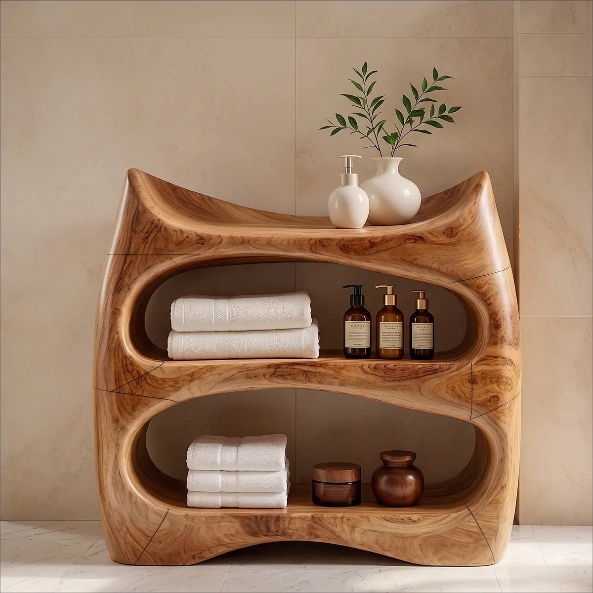 Sculptural Bathroom Vanity with Open Shelves | Freestanding Curved Vanity TT006-5ZSC4PA