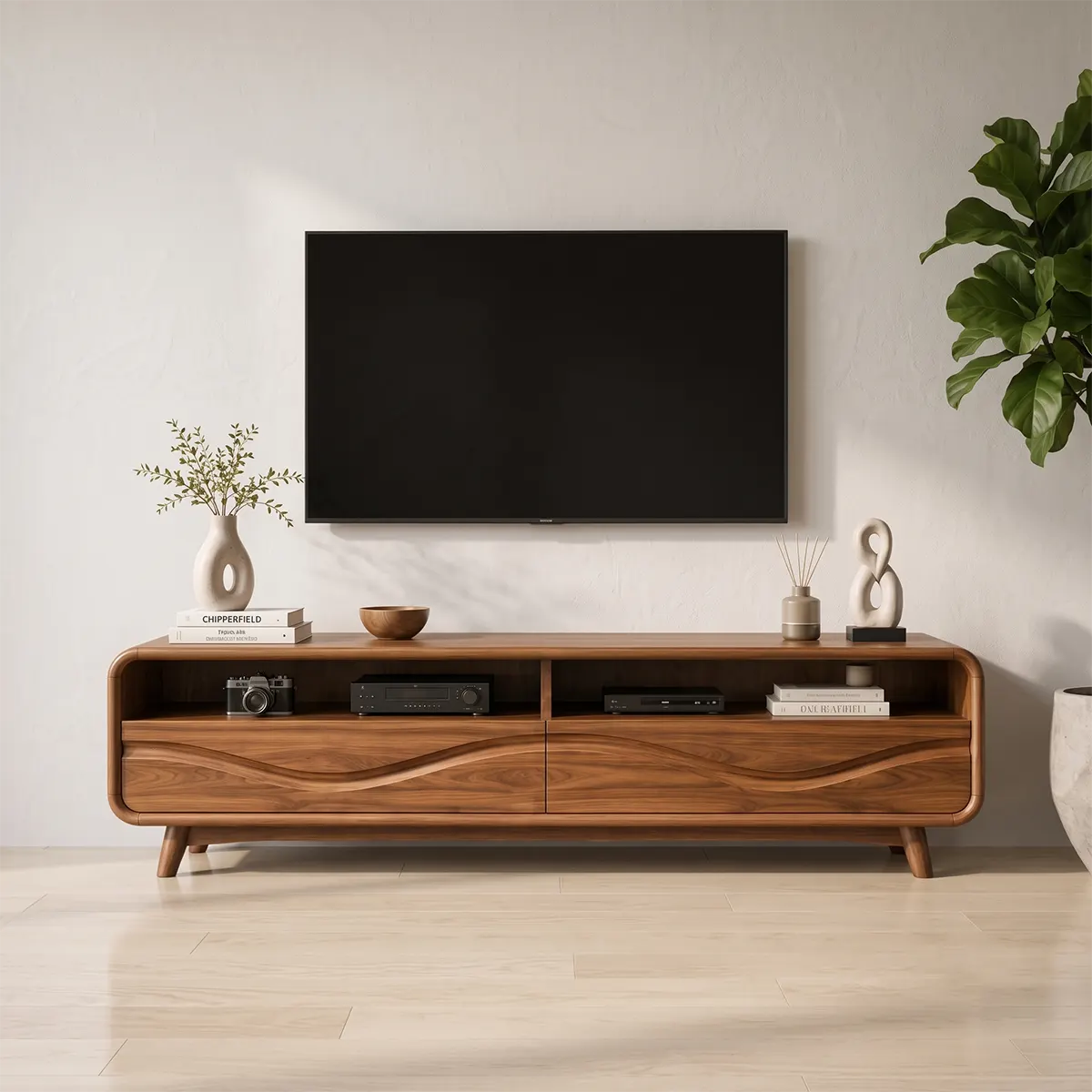 Modern TV Stand with 2 Open Shelves & Enclosed Storage | Sculptural Curved Media Console TT006-5OJR9XY
