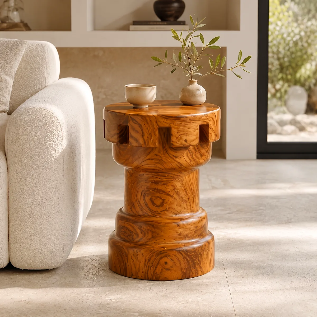 Sculptural Notched Wood End Table | Round Tiered Pedestal Side Table TT006-9MJB5ED