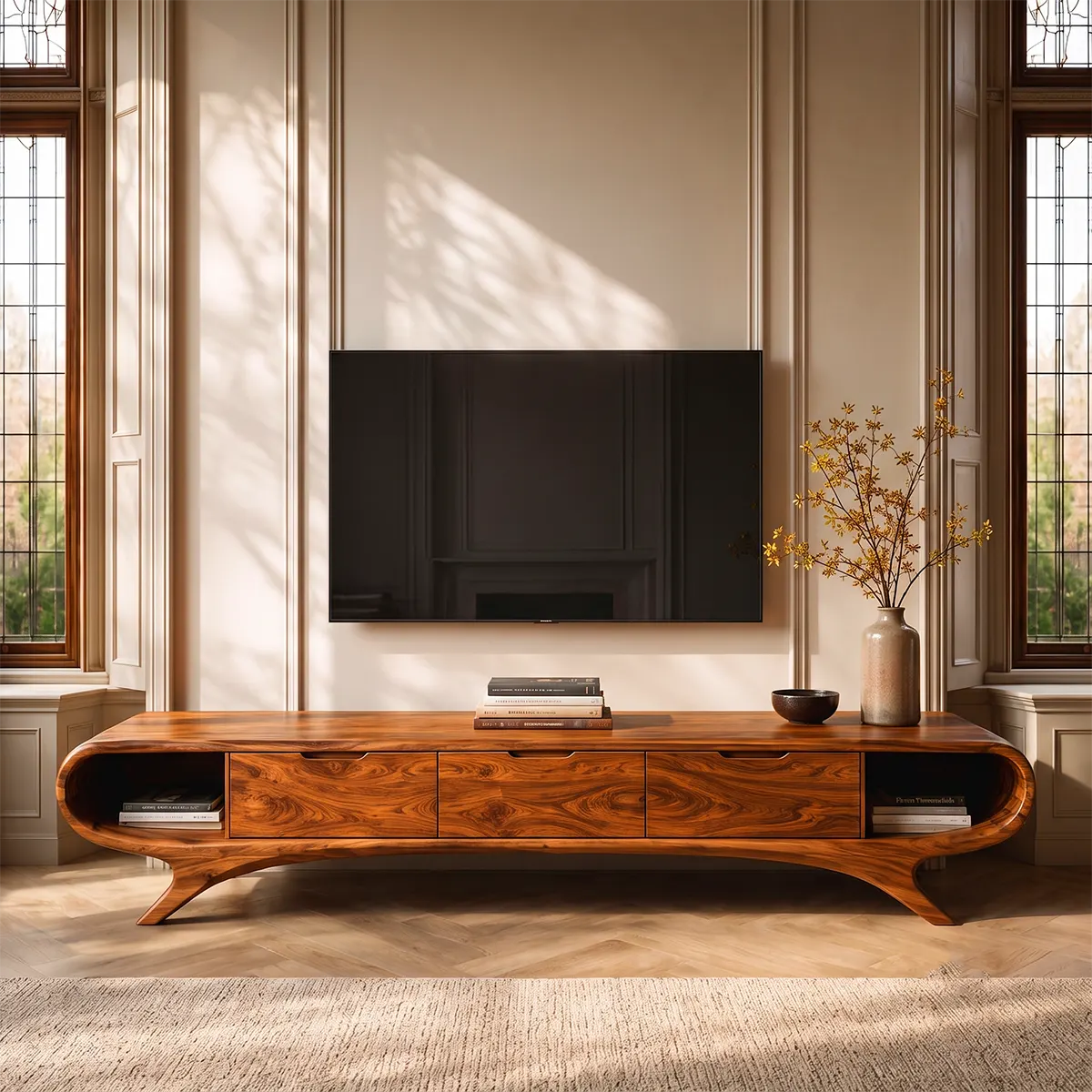 Modern Curved TV Stand with 3 Drawers & 2 Open Side Compartments TT006-3IYZ7XH