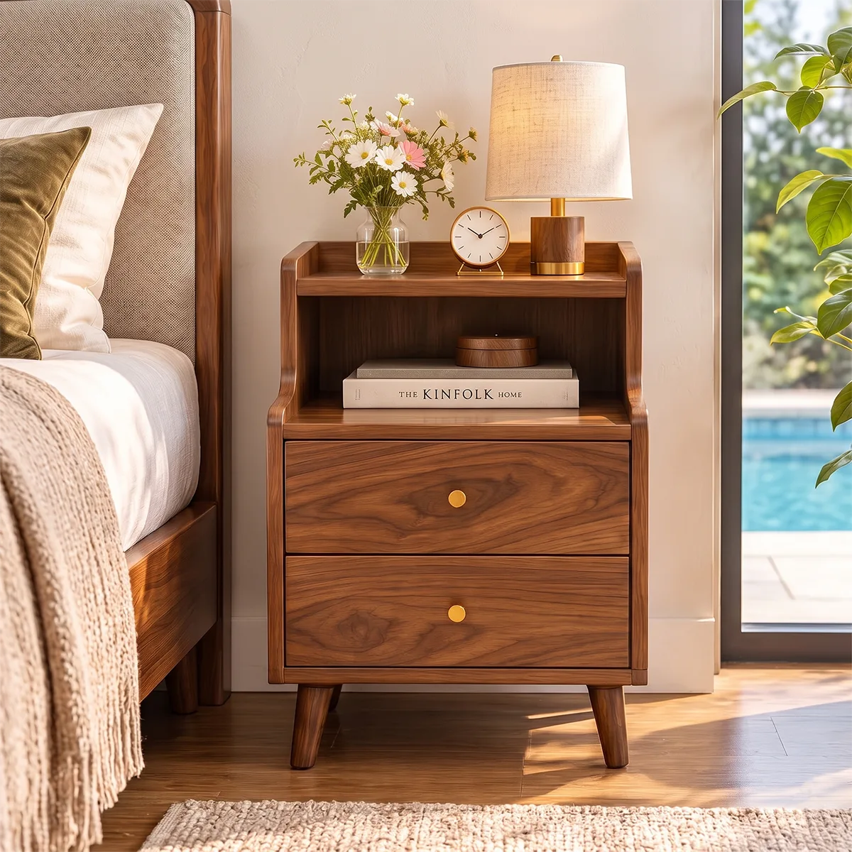 Modern 2-Drawer Nightstand with Open Shelf | Tall Bedside Table with Tapered Legs HG021-7TNK8GF