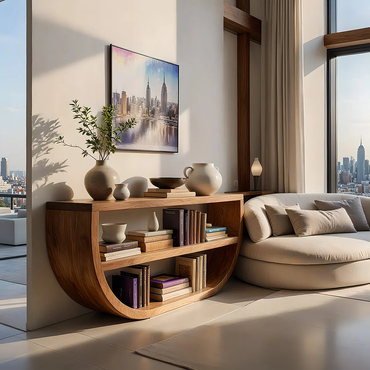 Modern Solid Wood Console Table with Curved Base and Open Shelf