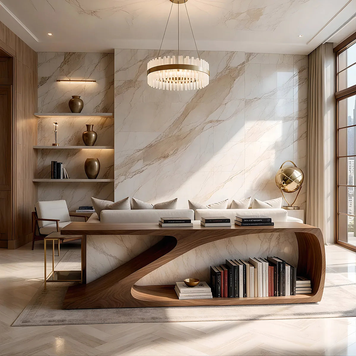 Solid Wood Sofa Console Table with Sculptural Curved Shelf Base