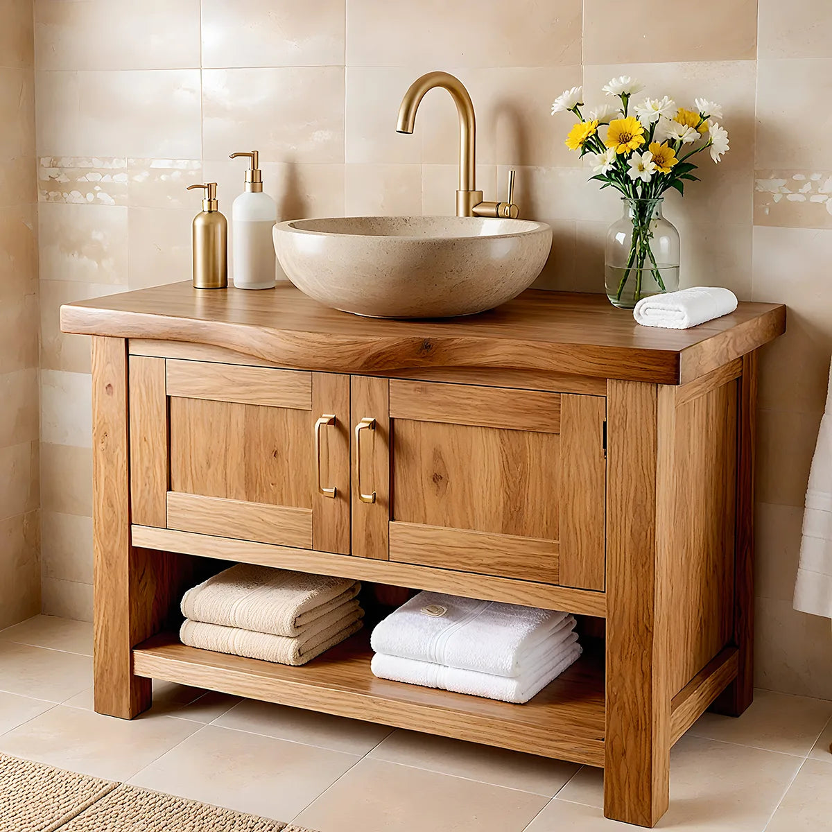 Handcrafted Natural Solid Wood Vanity Cabinet with Double Doors and Open Shelf