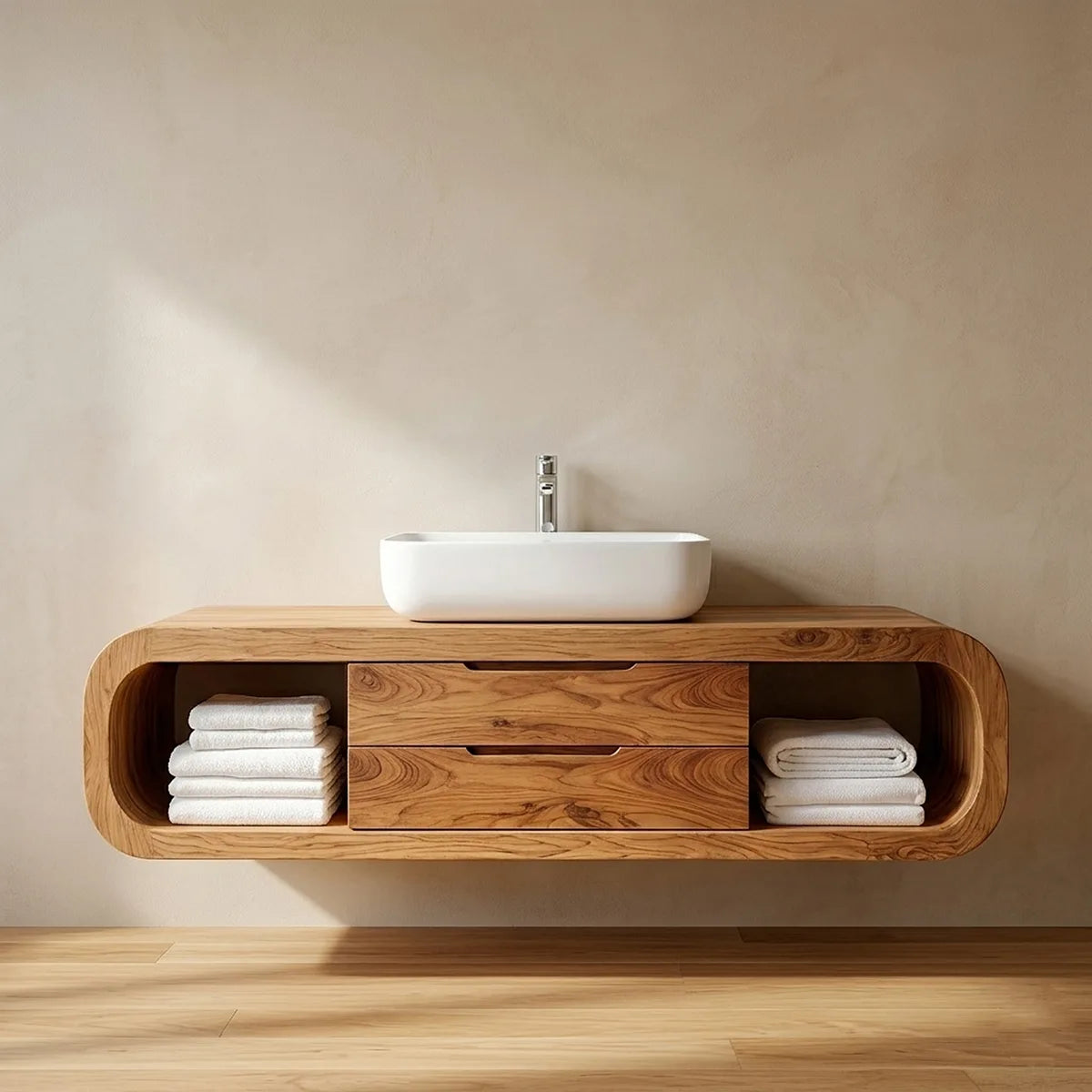 Handcrafted Curved Solid Wood Floating Vanity Cabinet with Drawers and Open Shelves