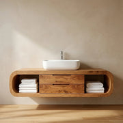 Handcrafted Curved Solid Wood Floating Vanity Cabinet with Drawers and Open Shelves