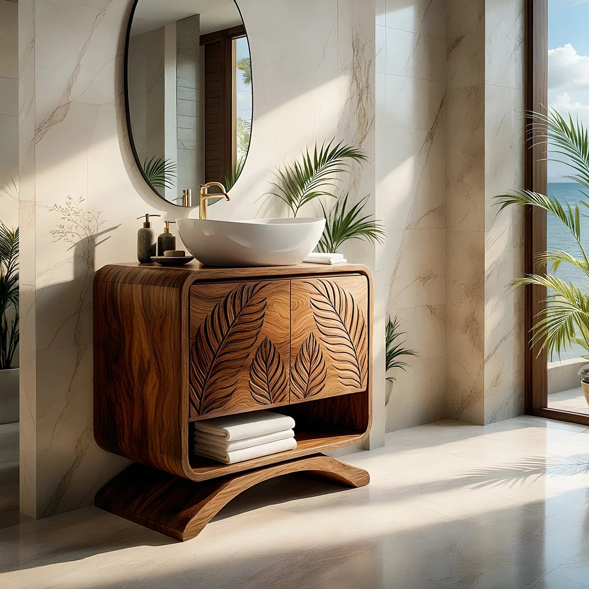 Handcrafted Solid Wood Vanity Cabinet with Carved Doors